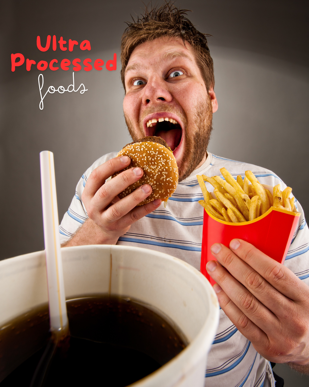 Man stuffing his face with Ultra-processed foods